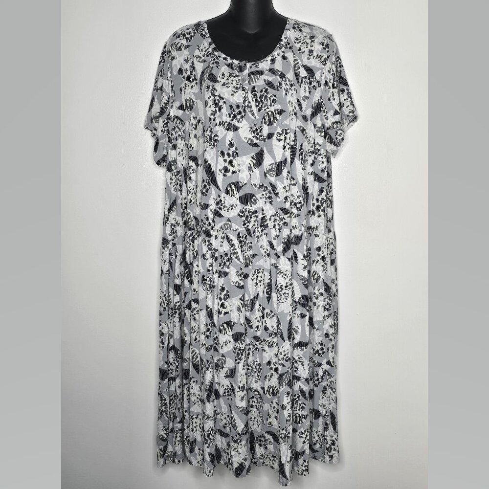 LOGO Lori Goldstein XLP Petite Dress Gray‎ Leaves Long Short Sleeves Pockets
